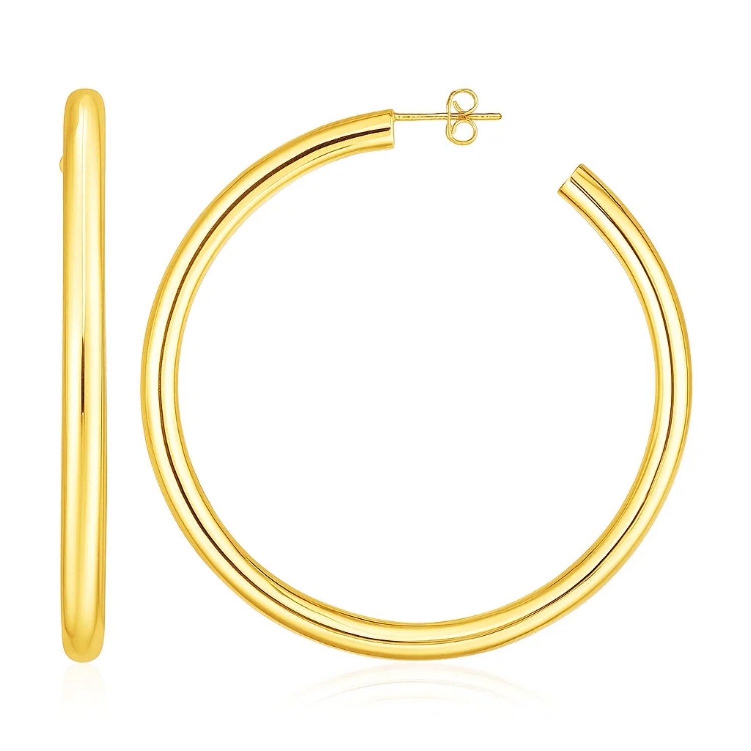 14k Yellow Gold Polished Hoop Earrings(4x50mm) in a sleek high-contrast midnight luxury editorial style